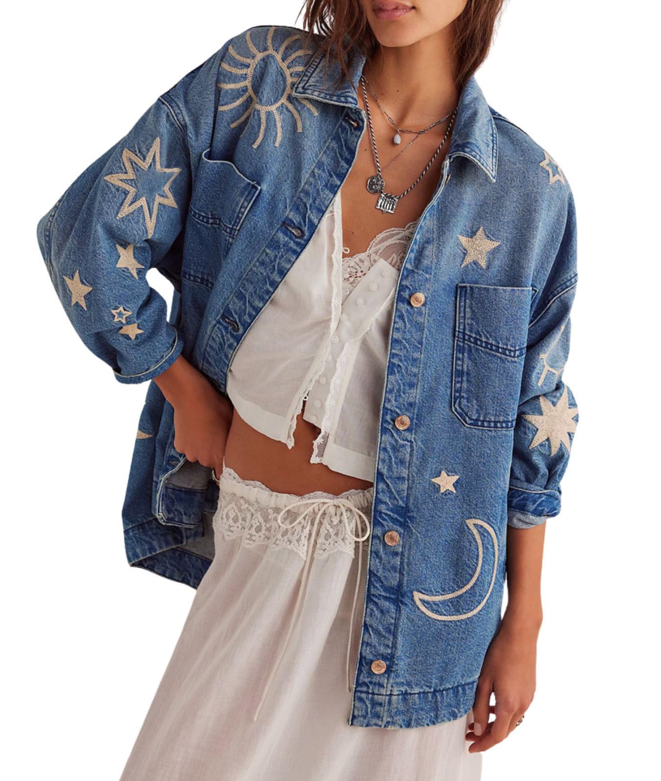utcoco Women's Vintage Oversized Denim Jacket Embroidered Graphic Casual Loose Fit Button Down Jean Jacket (X-Large, Blue Embroidery)