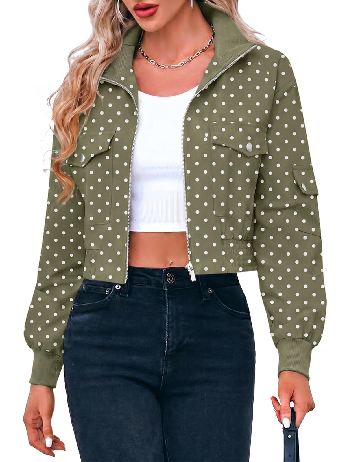 Fisoew Women's Cropped Bomber Jackets Lightweight Zip Up Short Coats