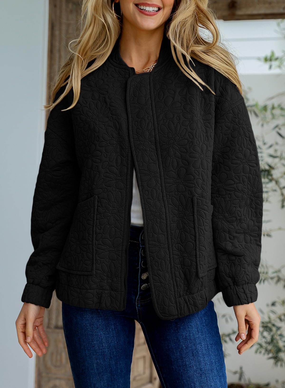 EVALESS Spring Bomber Jacket for Women Dressy Casual Summer Clothes Trendy 2025 Teacher Outfits Cute Jacquard Jackets Long Sleeve Zip Up Cropped Black Jeacket Lightweight Coat with Pockets, Medium