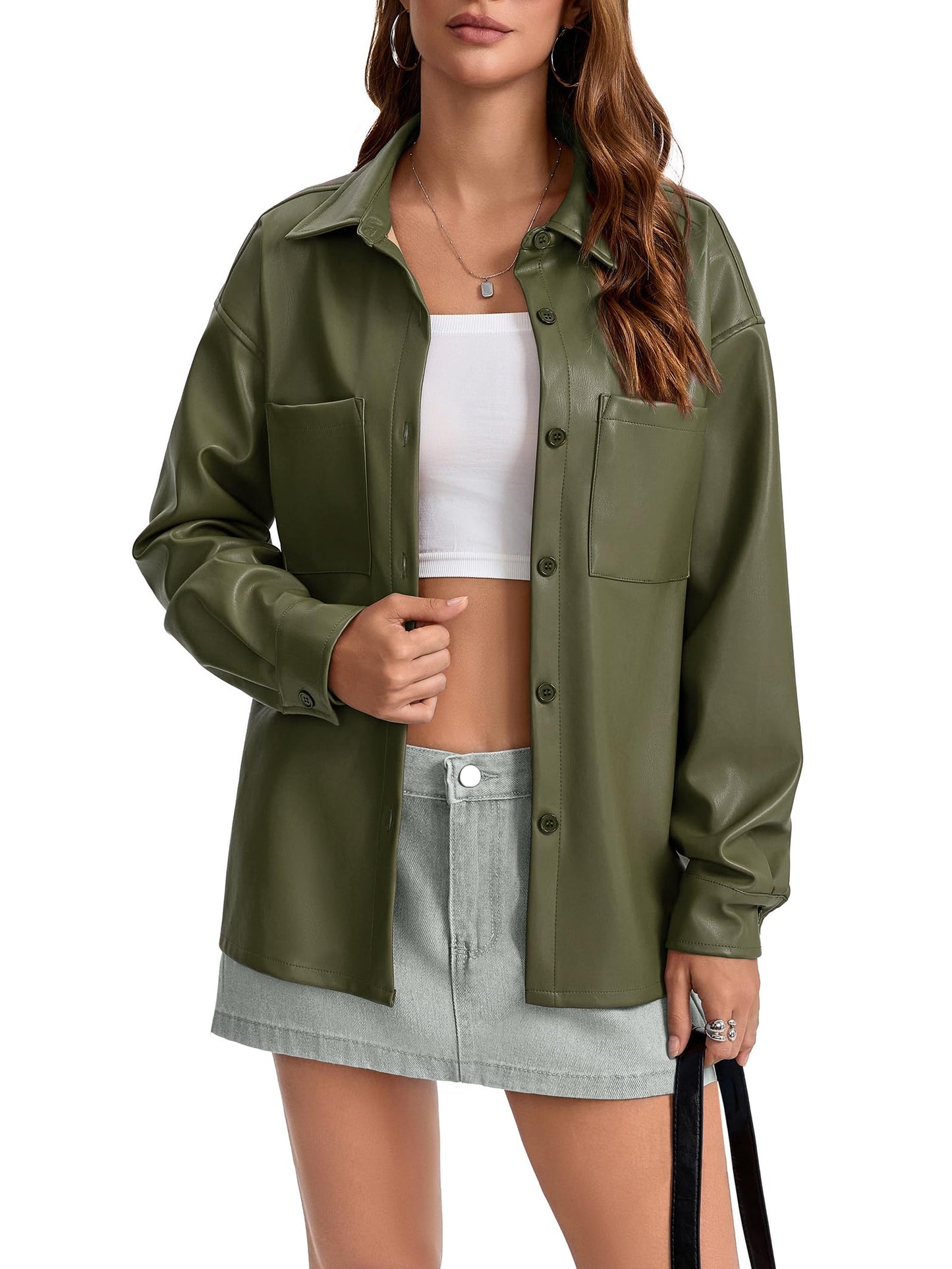 Haianguoji Women's Faux Leather Button-Down Shirt Jacket Lightweight Long Sleeve PU Blouse Shacket Tops (Green, M)
