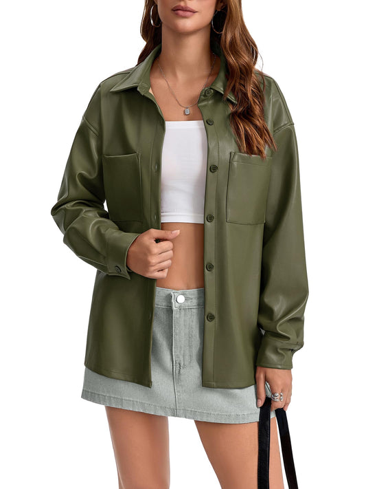 Haianguoji Women's Faux Leather Button-Down Shirt Jacket Lightweight Long Sleeve PU Blouse Shacket Tops (Green, M)