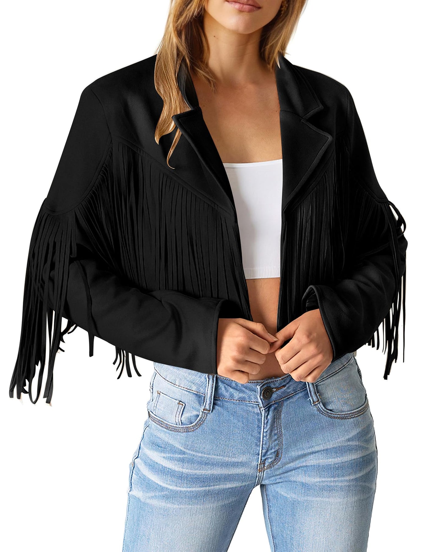 PRETTYGARDEN Women's Fringe Faux Suede Leather Jackets Fall Fashion 2025 Tassel Motorcycle Cropped Coats (Black,X-Large)