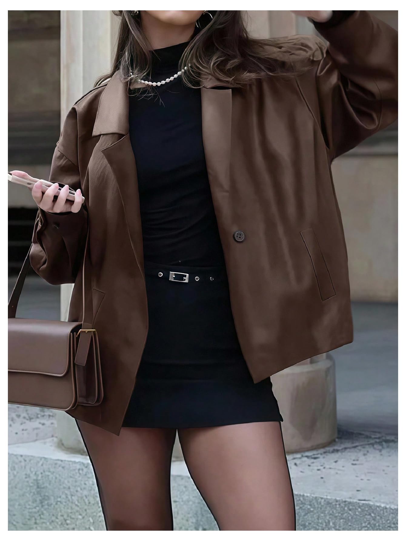 SHENHE Women's Faux Leather Lapel Collar Blazer Open Front Oversized Business Work Jacket Blazer Brown Small