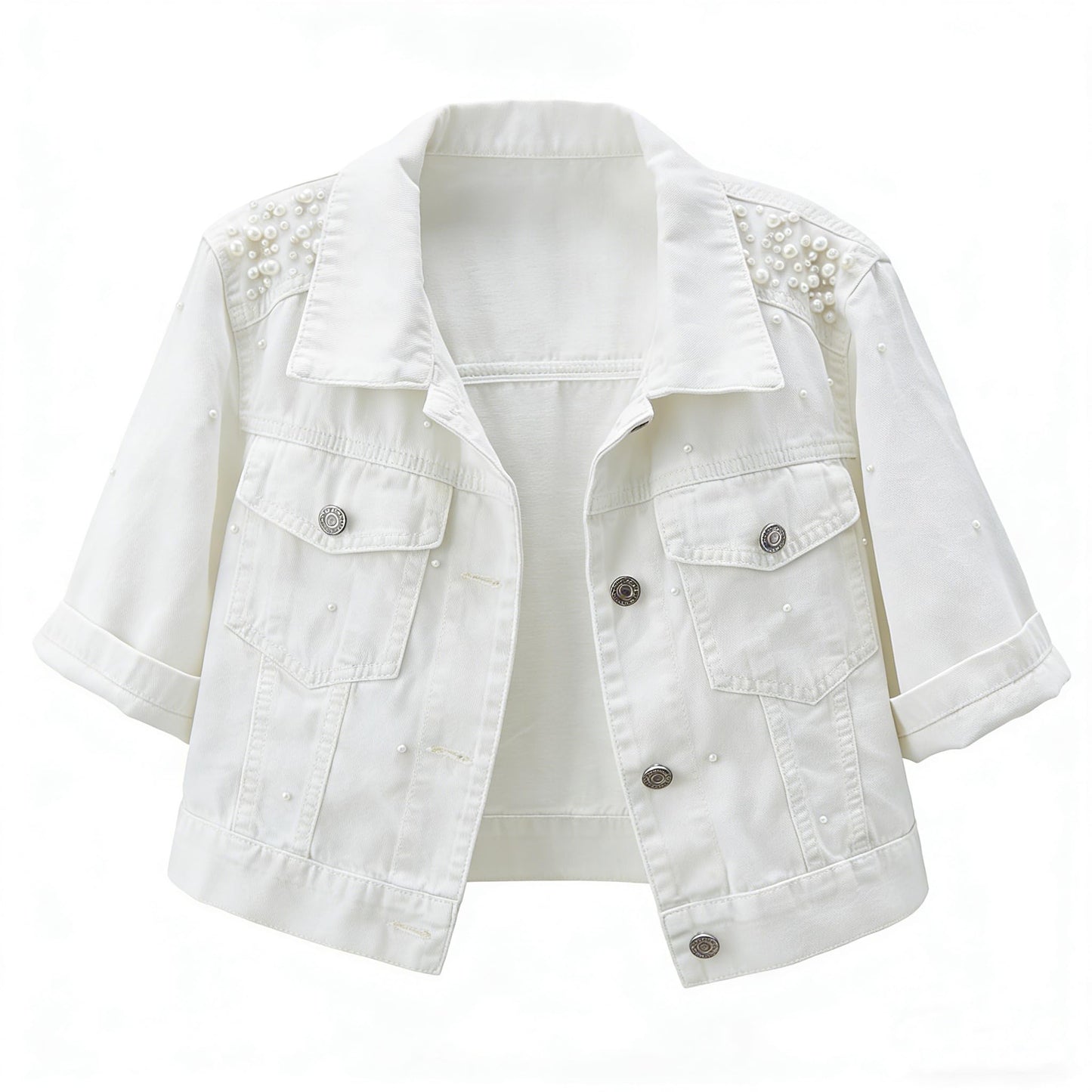LifeShe Women's Pearls Denim Jacket 3/4 Sleeve Cropped Rhinestones Jean Jackets Trucker Coat