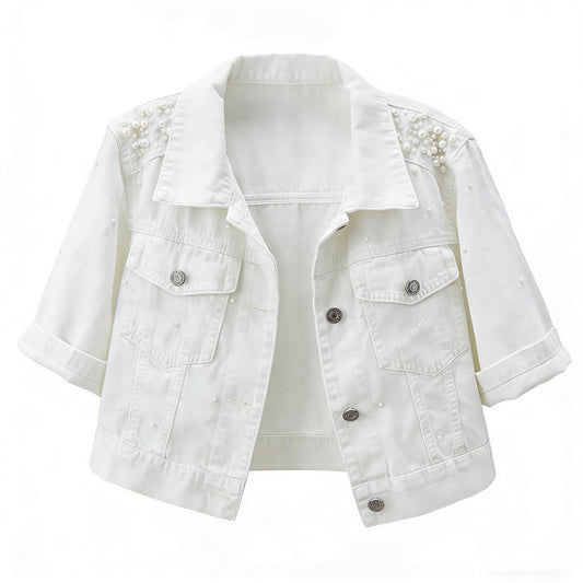 LifeShe Women's Pearls Denim Jacket 3/4 Sleeve Cropped Rhinestones Jean Jackets Trucker Coat
