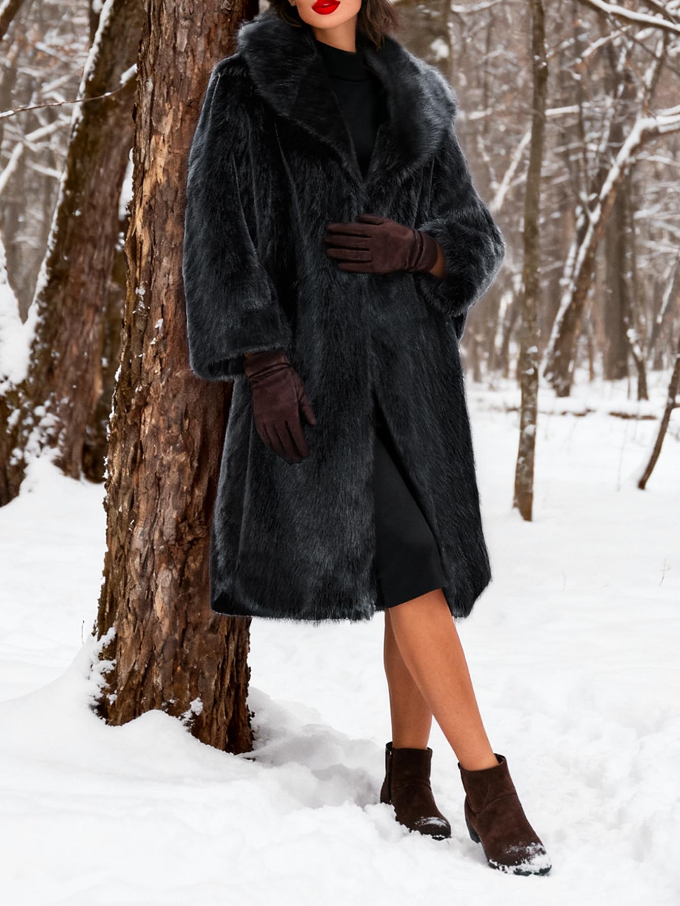 Gudasuo Faux Fur Jacket Women Zip Up Cropped Fur Coats Long Sleeve Open Front Jackets Outwear(0065 BK XL)