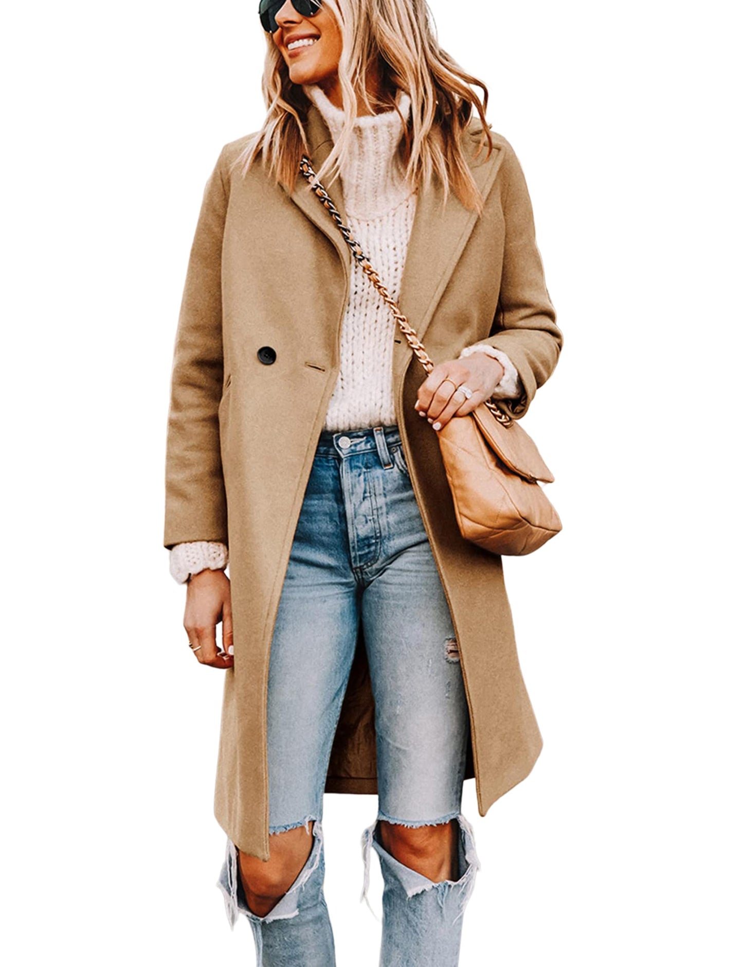 Tanming Women's Notch Lapel Double Breasted Wool Blend Mid Long Pea Trench Coat (Khaki-XL)