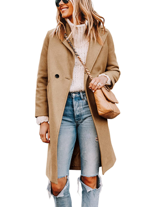 Tanming Women's Notch Lapel Double Breasted Wool Blend Mid Long Pea Trench Coat (Khaki-XL)
