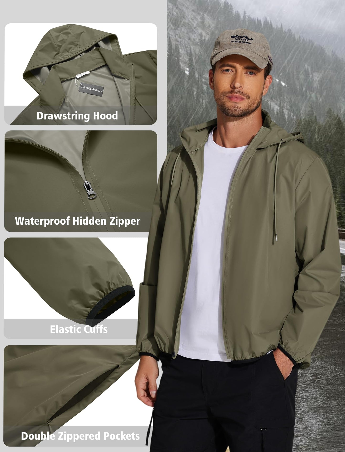 COOFANDY Mens Packable Rain Jacket Lightweight Breathable Raincoat Polyester Waterproof Windbreaker Jacket Army Green Large