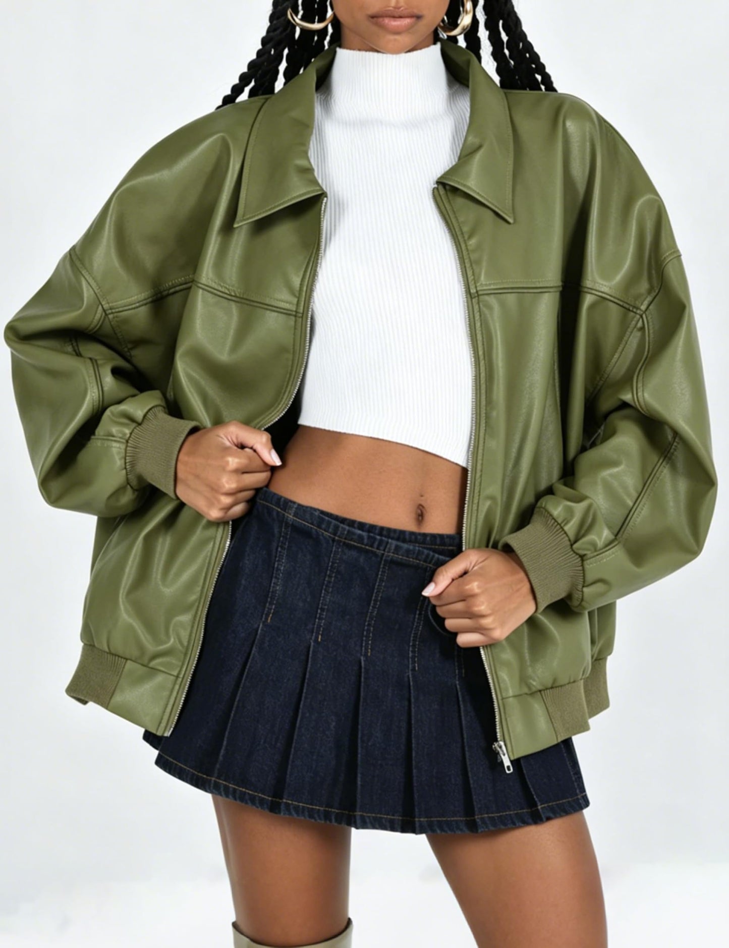 EsheSy Women's Oversized Leather Jacket Faux Suede Boyfriend Motorcycle Full Zip Bomber Jacket(Green-S)