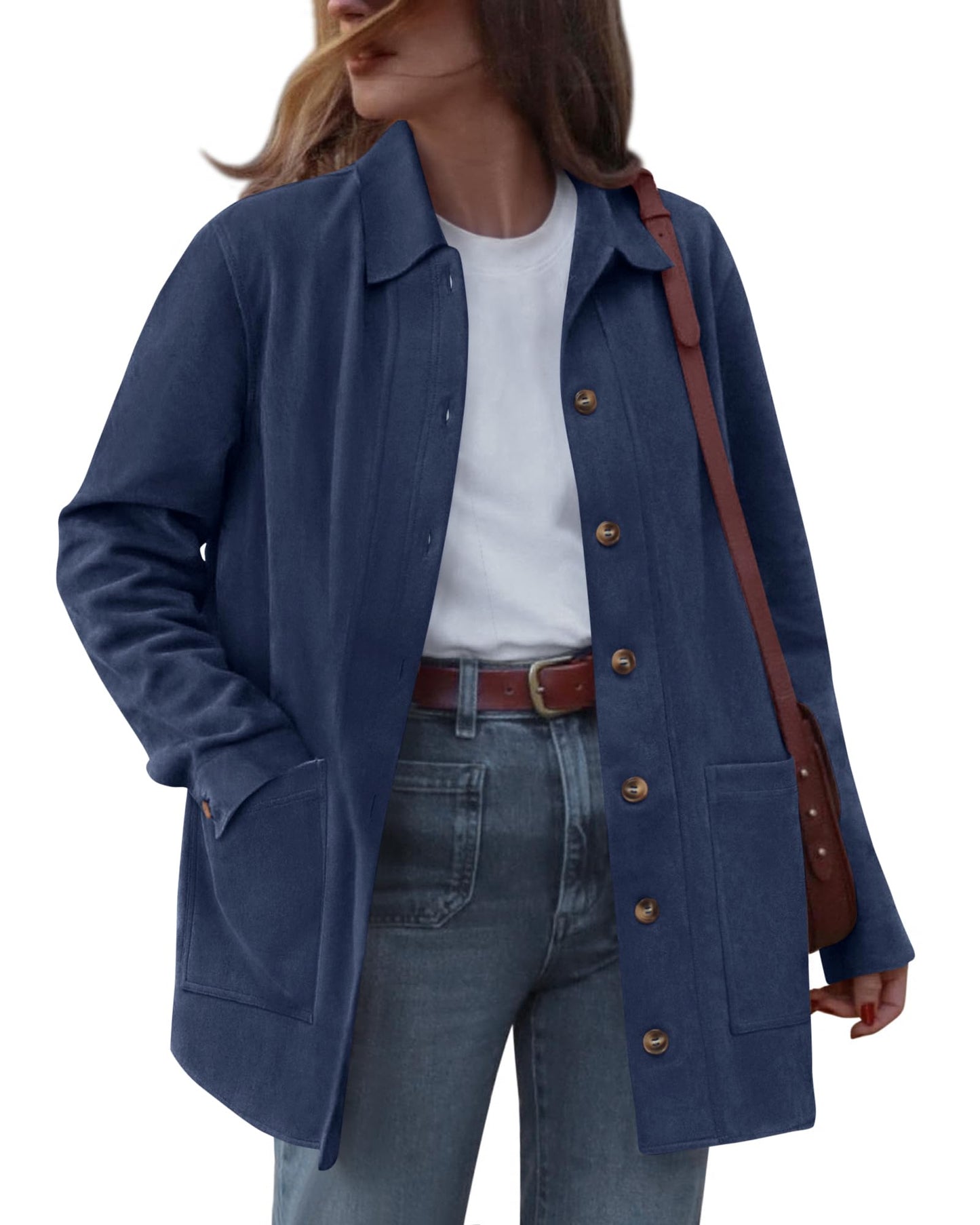 BTFBM Faux Suede Jacket Women Fall Fashion 2026 Leather Jackets Long Sleeve Button Down Winter Coats Shackets Outerwear(Navy Blue, Large)