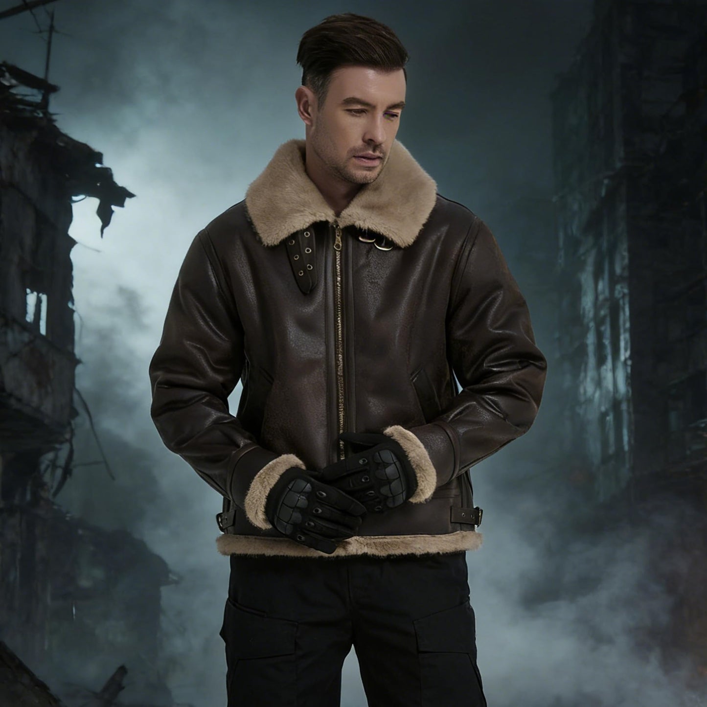 Mifidy Men Flight Jacket, Soft Warm Fur Brown Leather Comfort Shearling Durable Motorcycle Bomber Cosplay Comic Con Costume Leon Kennedy Outdoor Coat Gift Medium