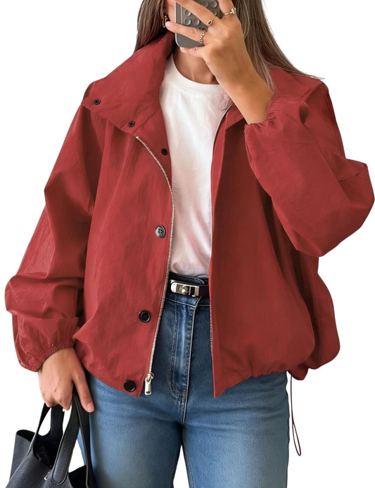Daacee Women Funnel Neck Windbreaker Jacket Lightweight Bomber Jackets(0800-Red-L)