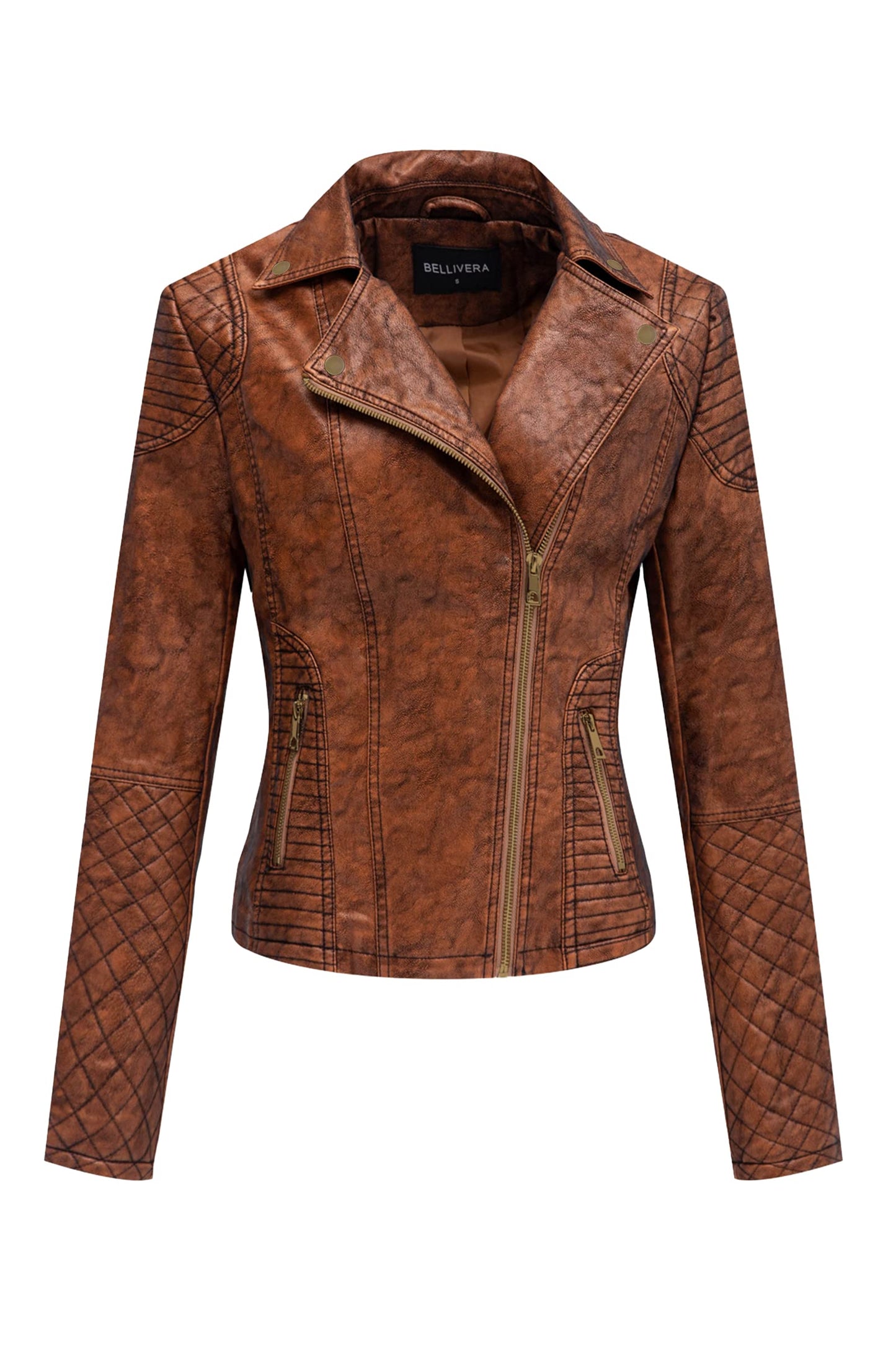 Bellivera Women's Faux Leather Casual Moto Lightweight Jacket Brown 2M