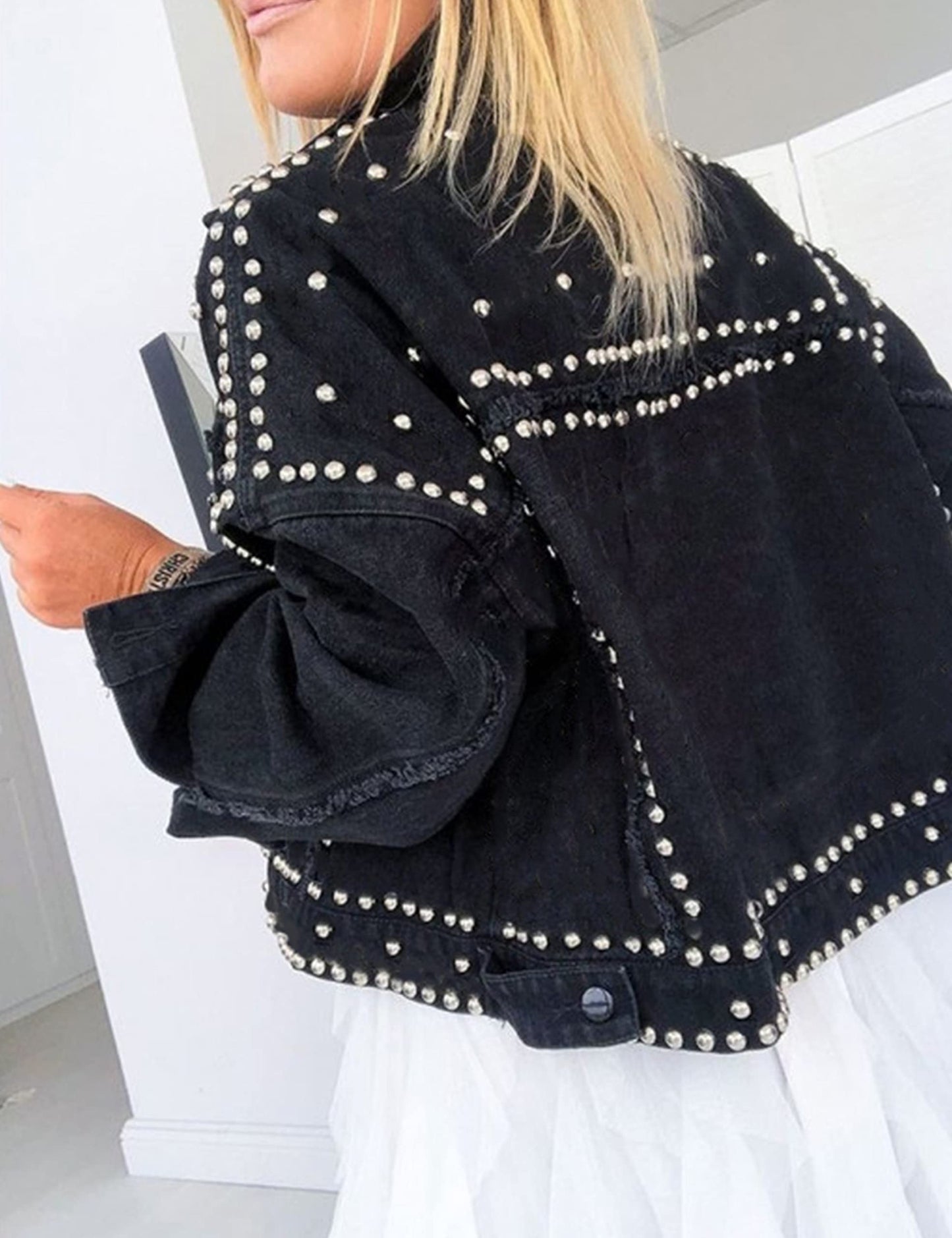 APAFES Women's Fashion Crop Fringe Denim Jacket Distressed Western Studded Black Trucker Jacket(0270-Black-S-NG)