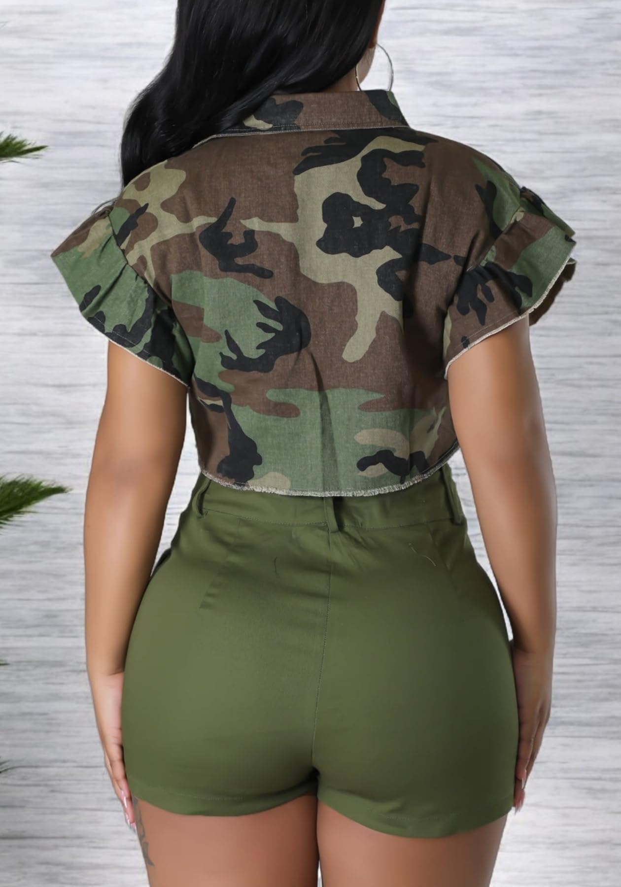 Vaceky Cropped Denim Jacket Women Distressed Camouflage Button Down Shirt Jean Jackets