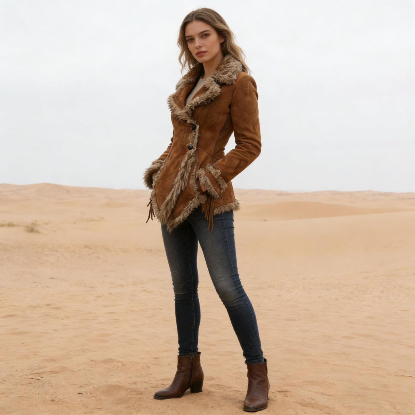 utcoco Women's Retro Suede Jacket with Faux Fur Lapel Collar Beggar Style Jacket for Women (X-Large, Brown)