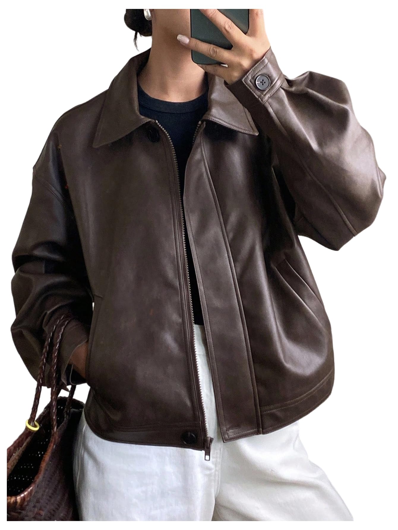 Milumia Women's Y2k Faux Leather Zip Up Jacket Lapel Collar Long Sleeve Motorcycle Jackets with Pockets Brown Large