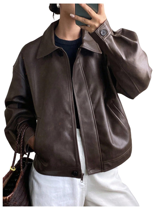 Milumia Women's Y2k Faux Leather Zip Up Jacket Lapel Collar Long Sleeve Motorcycle Jackets with Pockets Brown Large