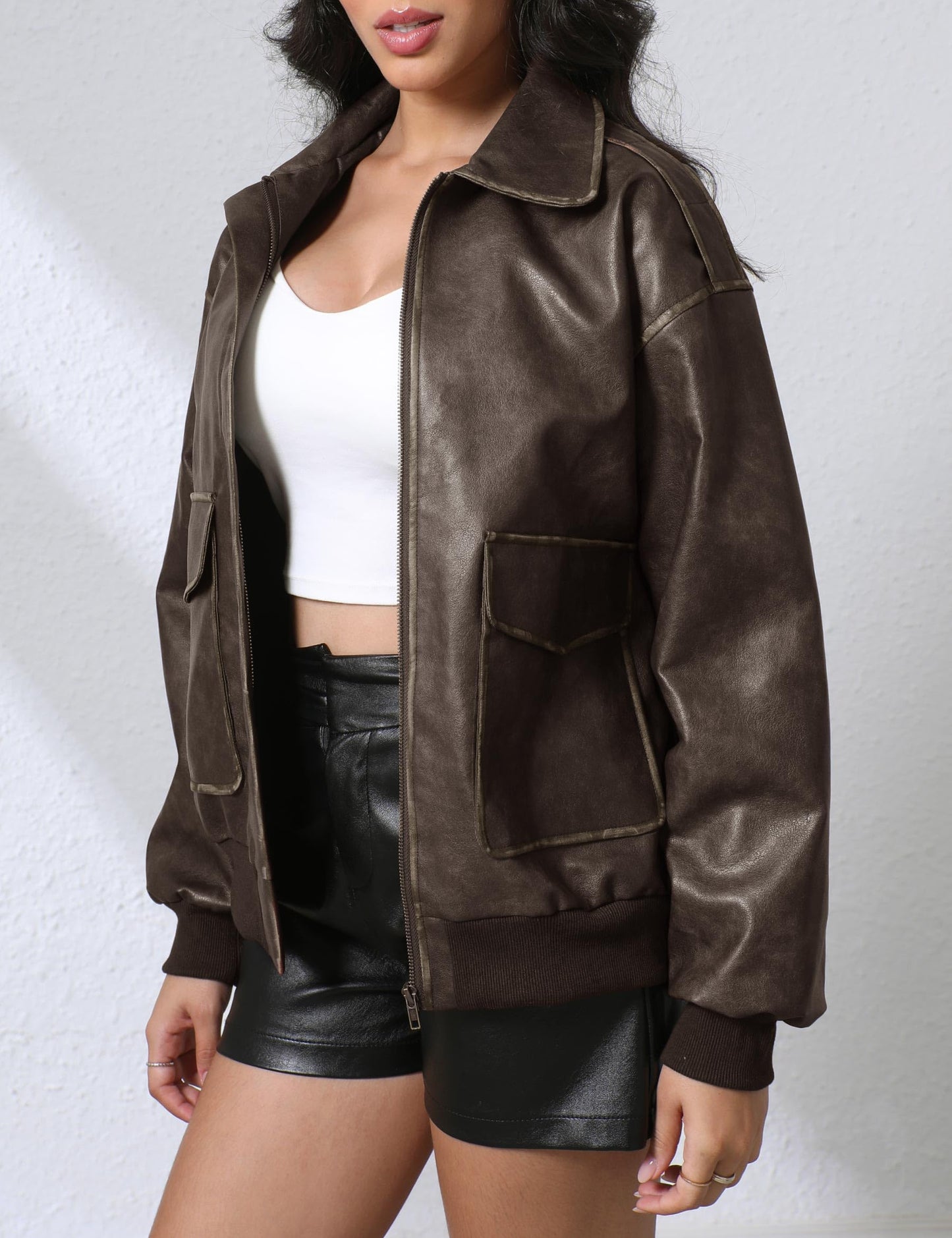Nitzana Leather Jacket for Women Faux Oversized Motorcycle Bomber Jackets