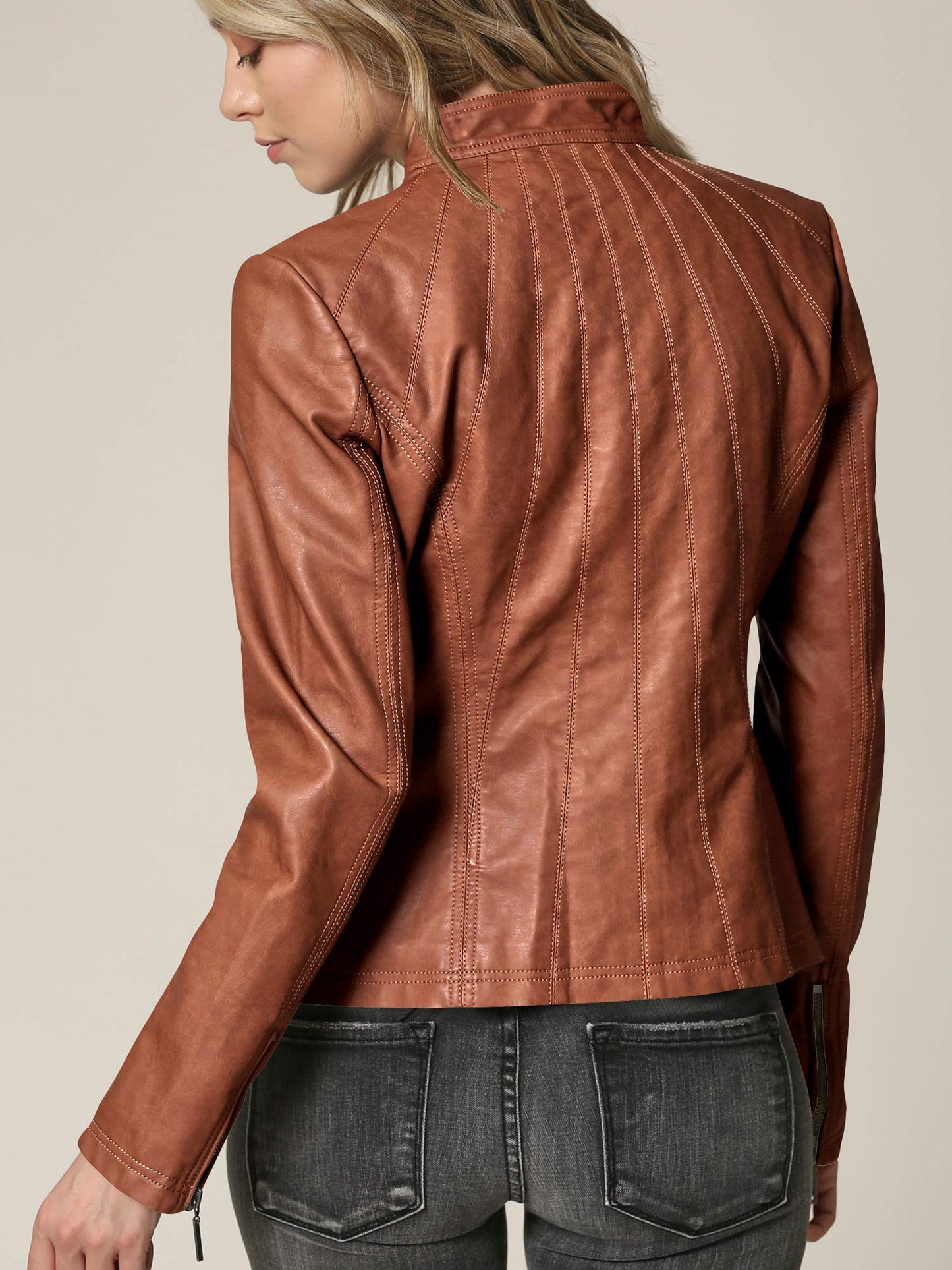 Made by Johnny MBJ WJC877 Womens Panelled Faux Leather Moto Jacket M Camel