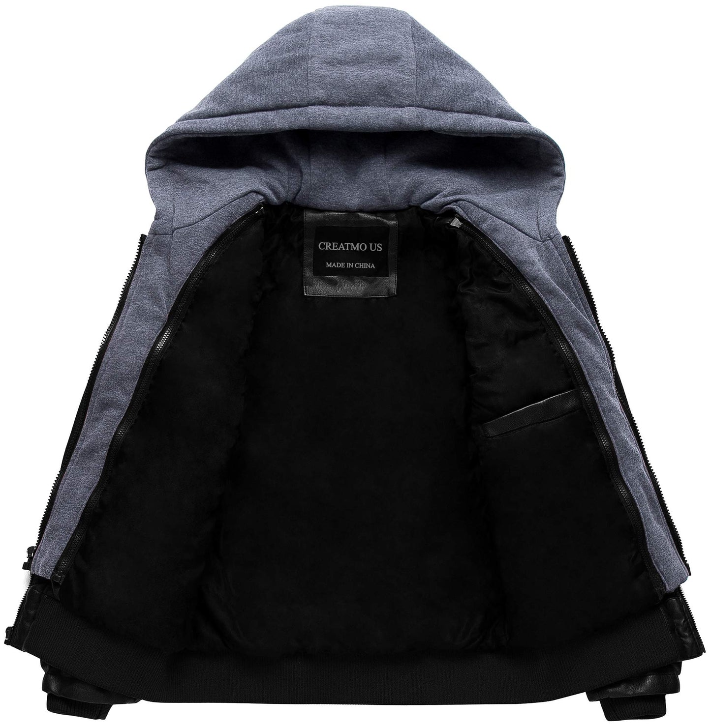 CREATMO US Men Leather Jacket with Hood Spring Motorcycle Jacket bomber jacket Black S