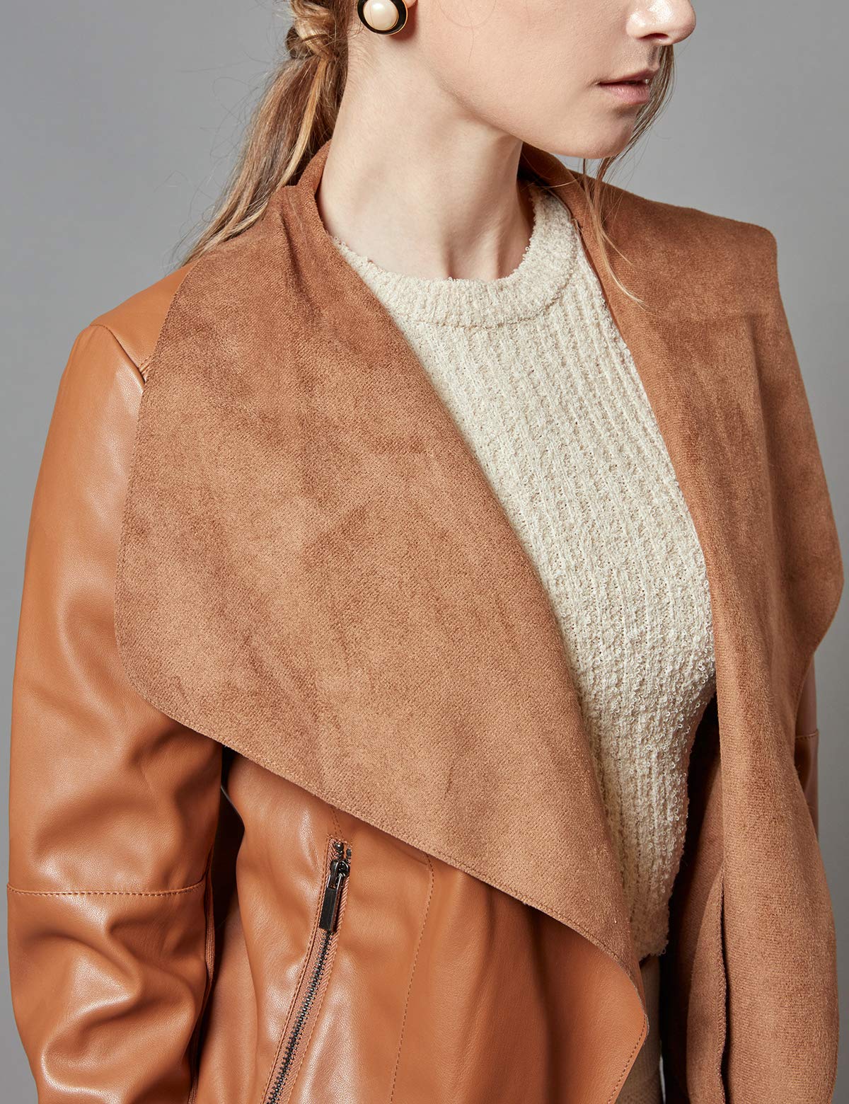 Escalier Women's Faux Leather Jackets Slim Open Front Lapel Blazer Jackets Brown Large