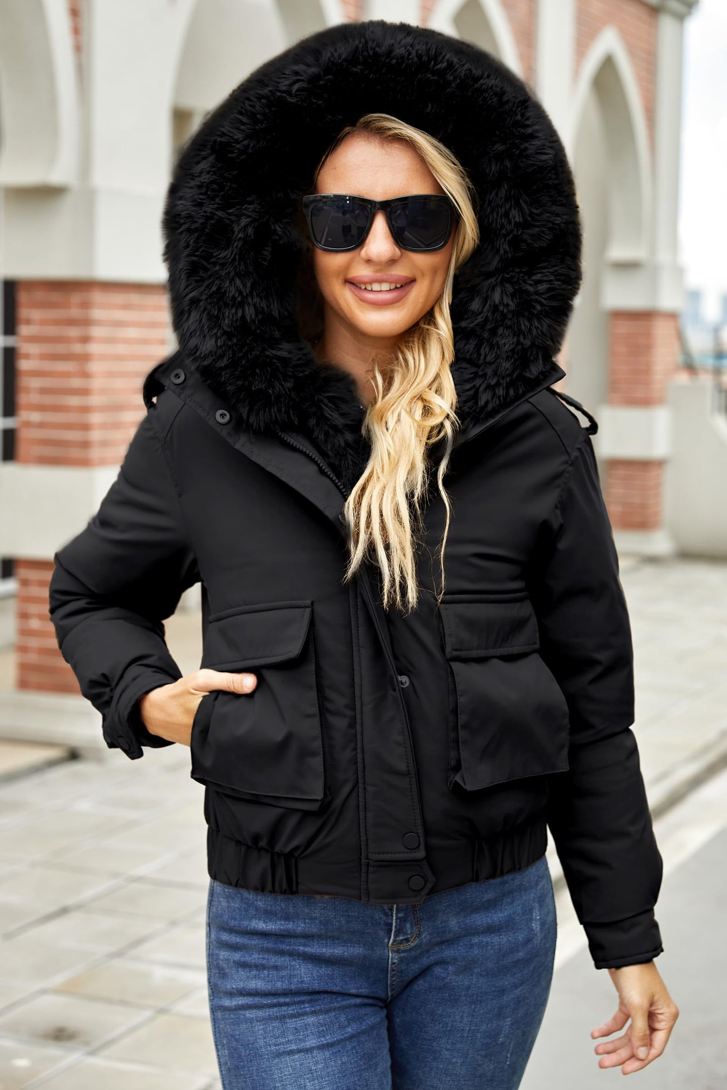 MODERN BUBBLE Winter Coats for Women Thickened Puffer Jacket with Detachable Fur Hood Winter Warm Parka Puffer Coat