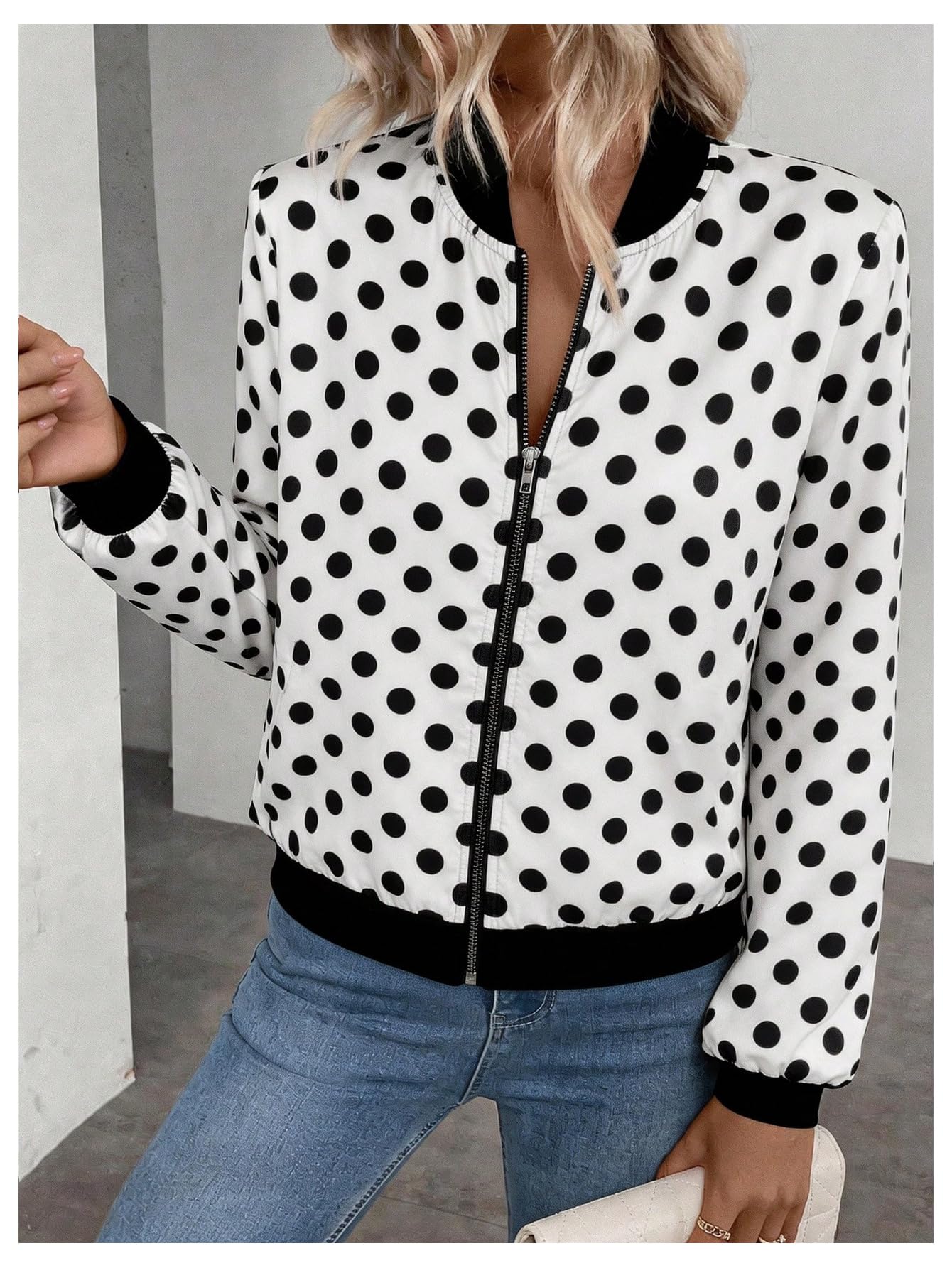 SOLY HUX Women's Polka Dots Bomber Jacket Zip Up Long Sleeve Lightweight Jackets Casual Outerwear Black and White Medium