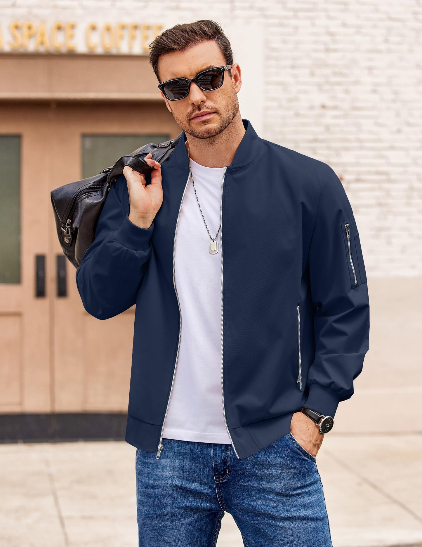 COOFANDY Men Jacket Casual Lightweight Polyester Bomber Jackets Blue Zip Up Stylish Windbreaker For Work Daily Wear 3XL