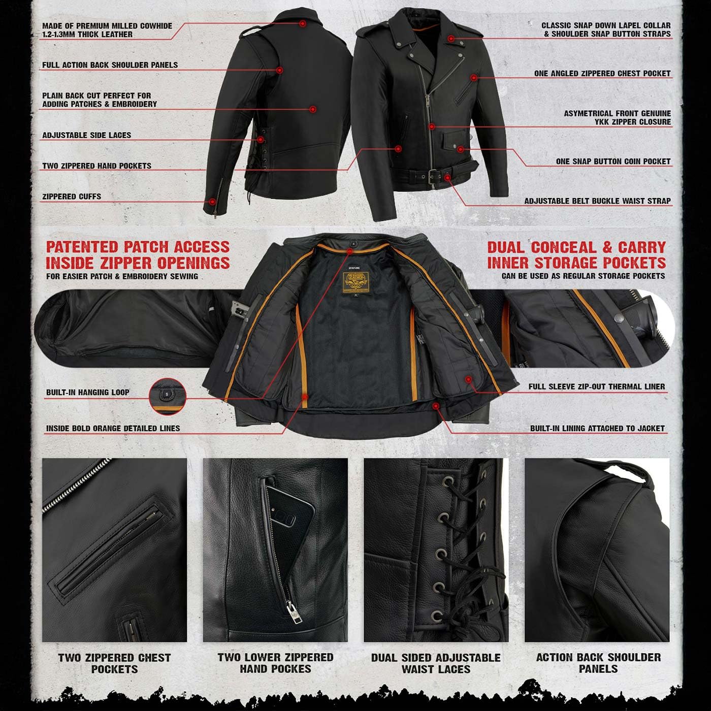 Milwaukee Leather SH1011 Men's Classic Brando Premium Leather Black Motorcycle Riders Leather Jacket w/Side Laces - Large