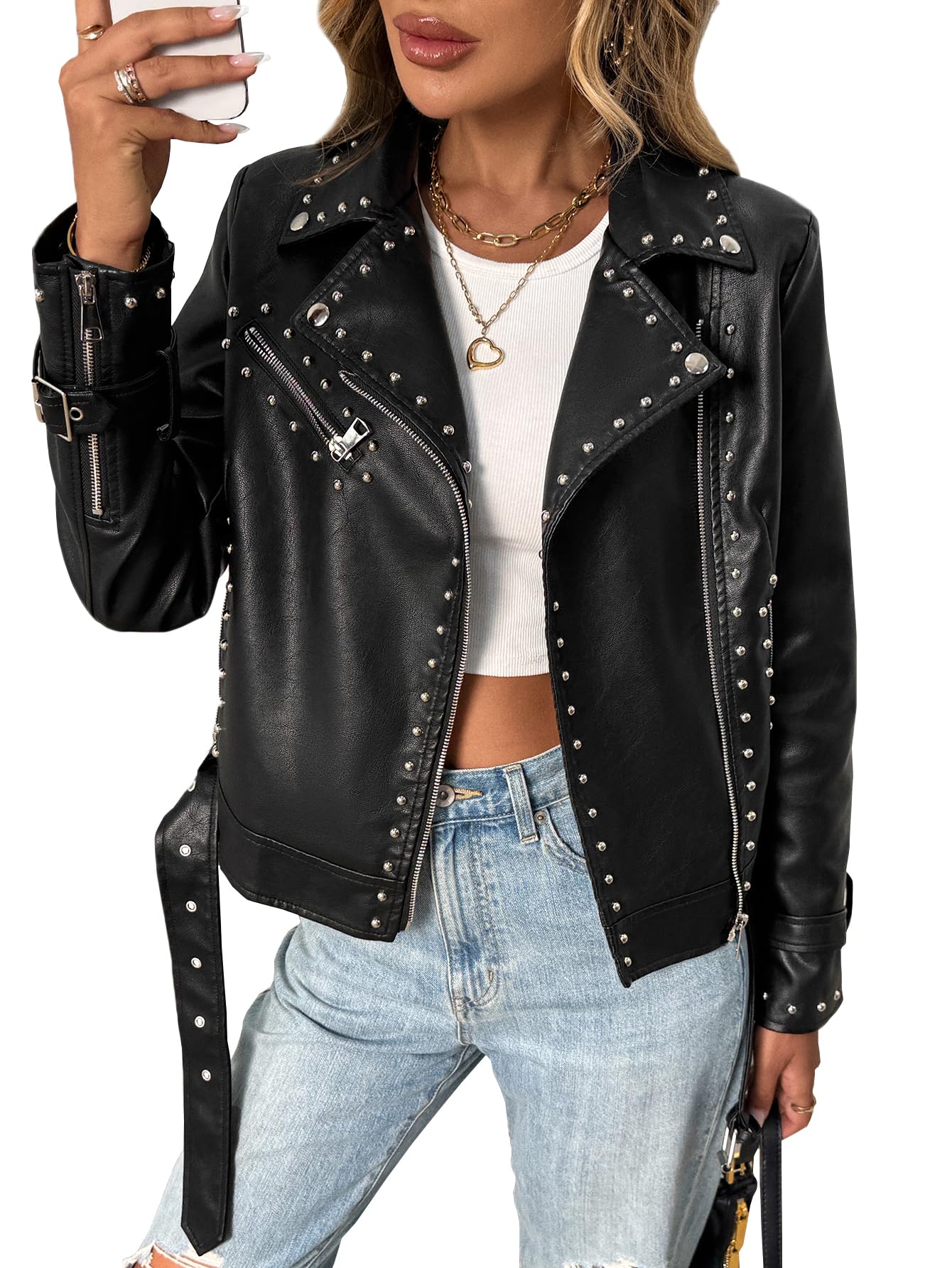 LY VAREY LIN Studded Faux Leather Moto Jacket Women Black PU Biker Coat with Rivets Punk Style (US, Alpha, Medium, Regular, Regular, Black)