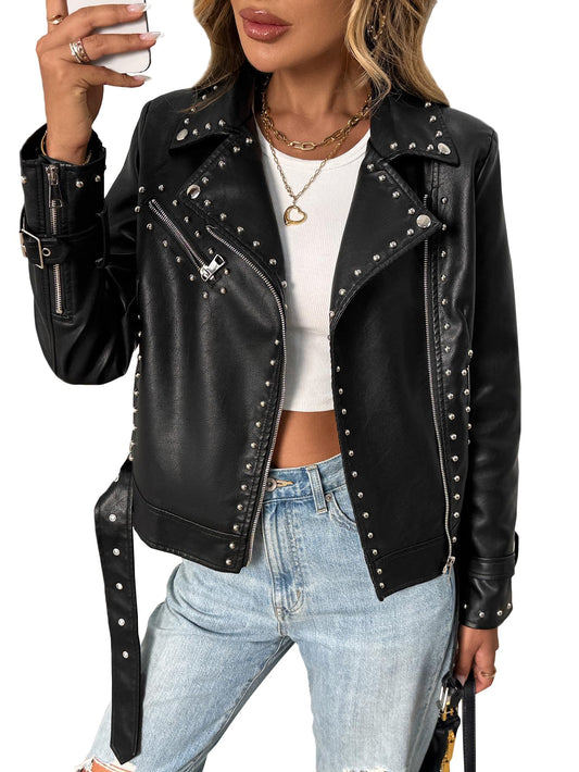 LY VAREY LIN Studded Faux Leather Moto Jacket Women Black PU Biker Coat with Rivets Punk Style