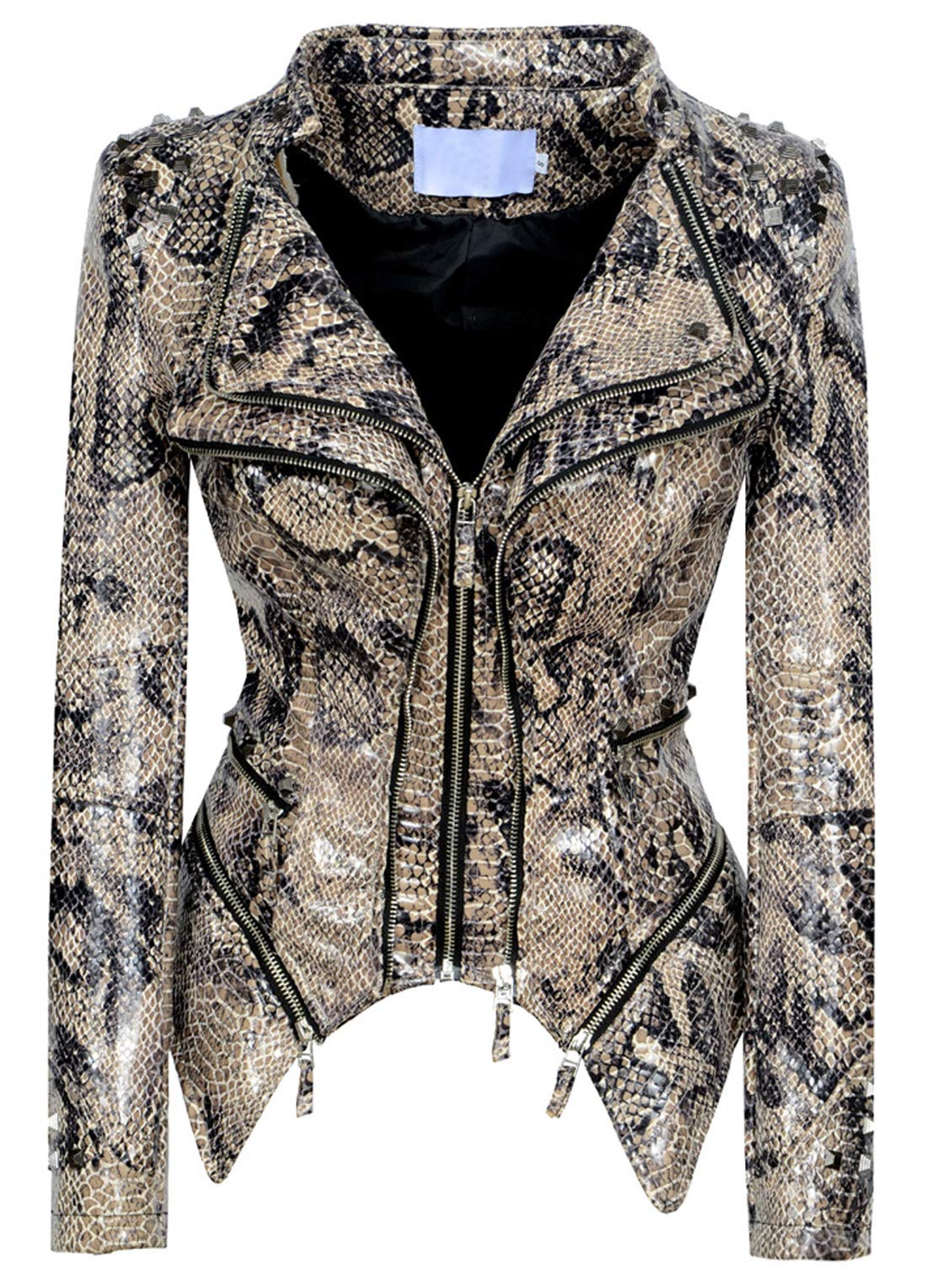 chouyatou Women's Fashion Snake Pattern Print Studded Moto Pu Leather Biker Jacket (Small, Snake-Skin)