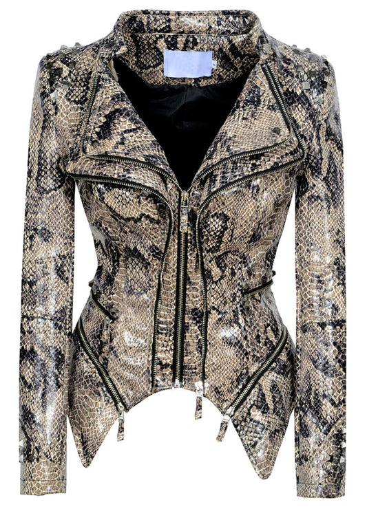 chouyatou Women's Fashion Snake Pattern Print Studded Moto Pu Leather Biker Jacket (Small, Snake-Skin)