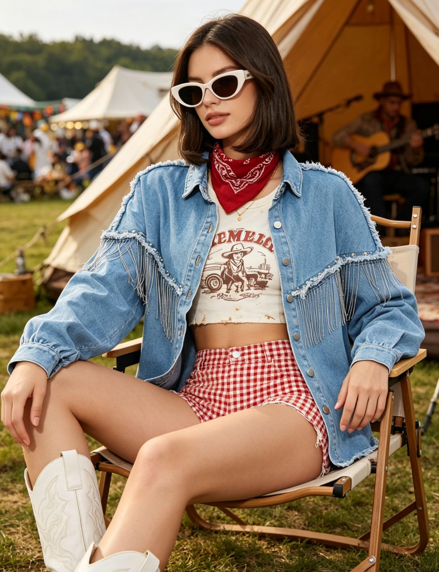 Daacee Casual Frayed Tassel Black Denim Jacket for Women Fashion Fringe Rhinestone Cowgirl Jean Coats(0191-Blue-3XL)