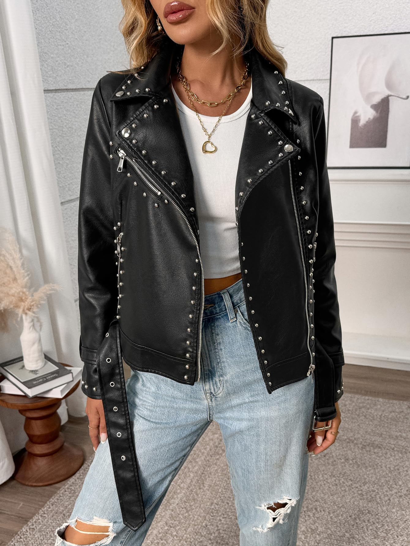 LY VAREY LIN Studded Faux Leather Moto Jacket Women Black PU Biker Coat with Rivets Punk Style