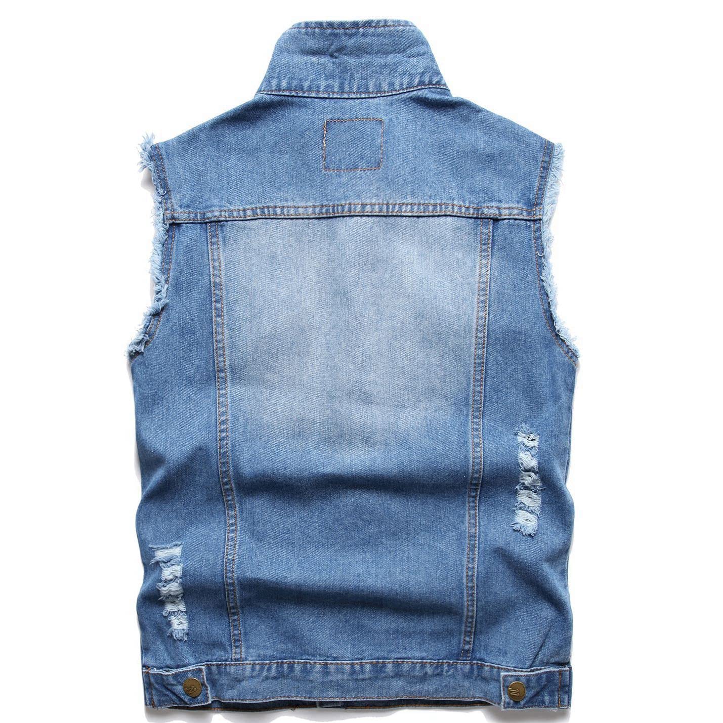 JUDIGODR Denim Vest Men Lapel Sleeveless Slim Fit Retro Ripped Casual Bule Jean Vest and Jacket for Men's (L,Lightblue 813)