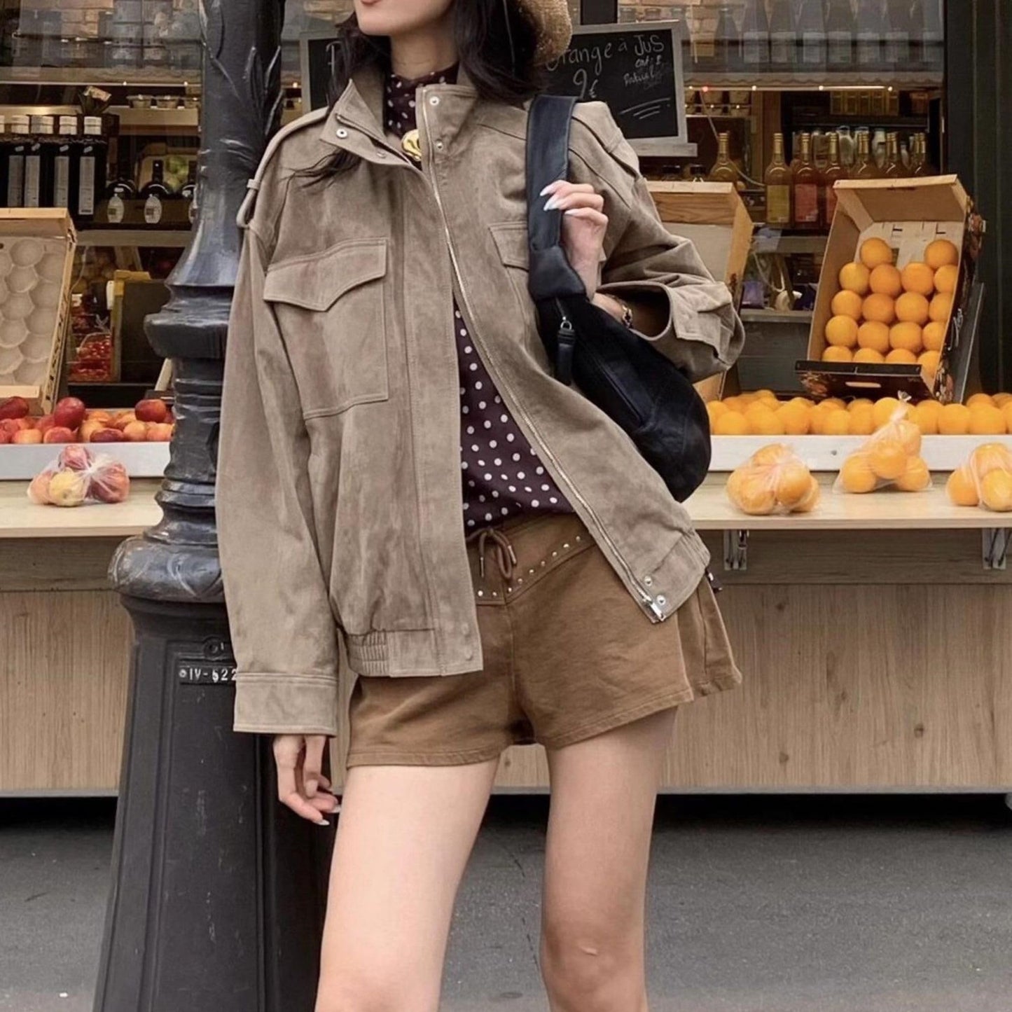 FindThy Women’s Suede Leather Jacket Vintage High Collar Long Sleeve Zip Up Oversized Outerwear Coat with Pockets(4196-Khaki-L-LB)