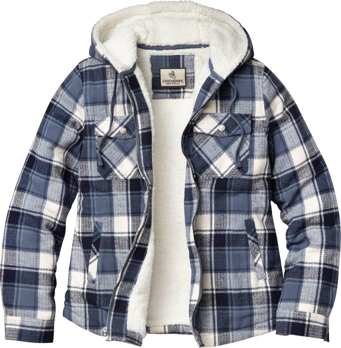 Legendary Whitetails Womens Hooded Shacket Berber Lined Shirt Jacket, Midnight Moon Plaid, XXL