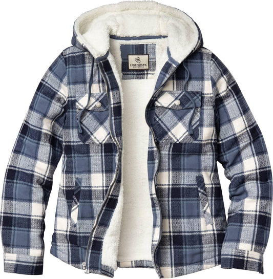 Legendary Whitetails Womens Hooded Shacket Berber Lined Shirt Jacket, Midnight Moon Plaid, XXL