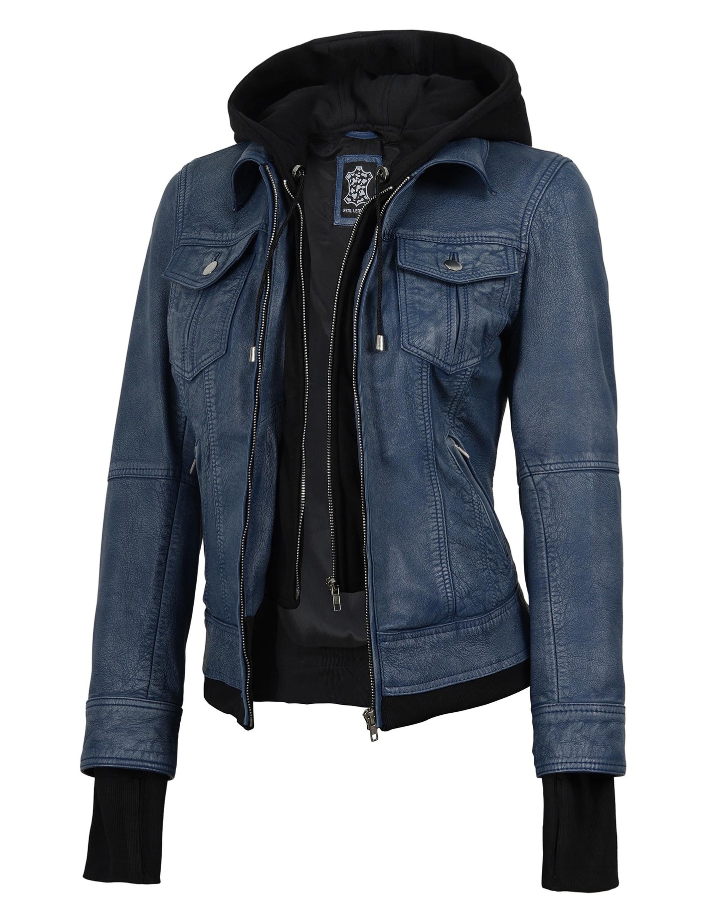 Decrum Leather Jacket With Hood - Leather Jacket With Hood | [1332716] Betty Washed Blue, XXL