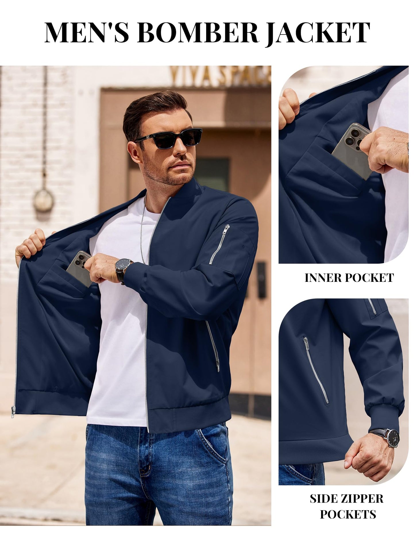 COOFANDY Men Jacket Casual Lightweight Polyester Bomber Jackets Blue Zip Up Stylish Windbreaker For Work Daily Wear 3XL