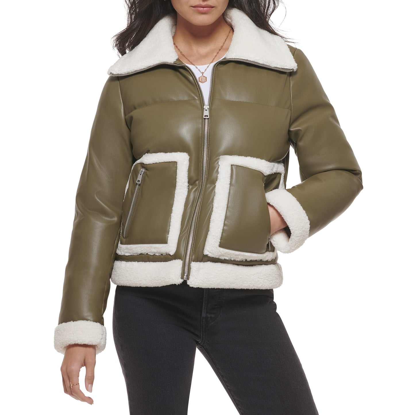 Levi's Women's Breanna Puffer Jacket (Standard and Plus Sizes), Olive Faux Leather Sherpa Pocket, Large