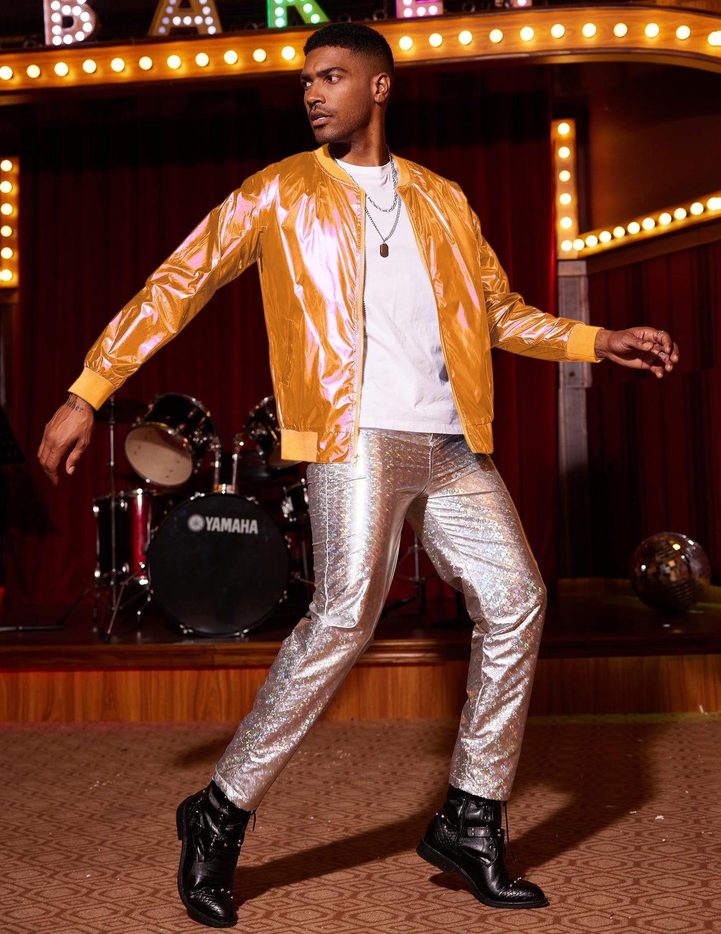 COOFANDY Men's Metallic Jacket 70s Disco Dance Party Costume Shiny Varsity Zipper Baseball Bomber Jacket,Orange,L