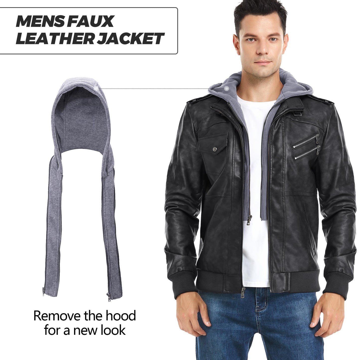 JYG Men's Faux Leather Jacket Stand Collar Motorcycle Bomber Jackets with Removable Hood (Black,S)