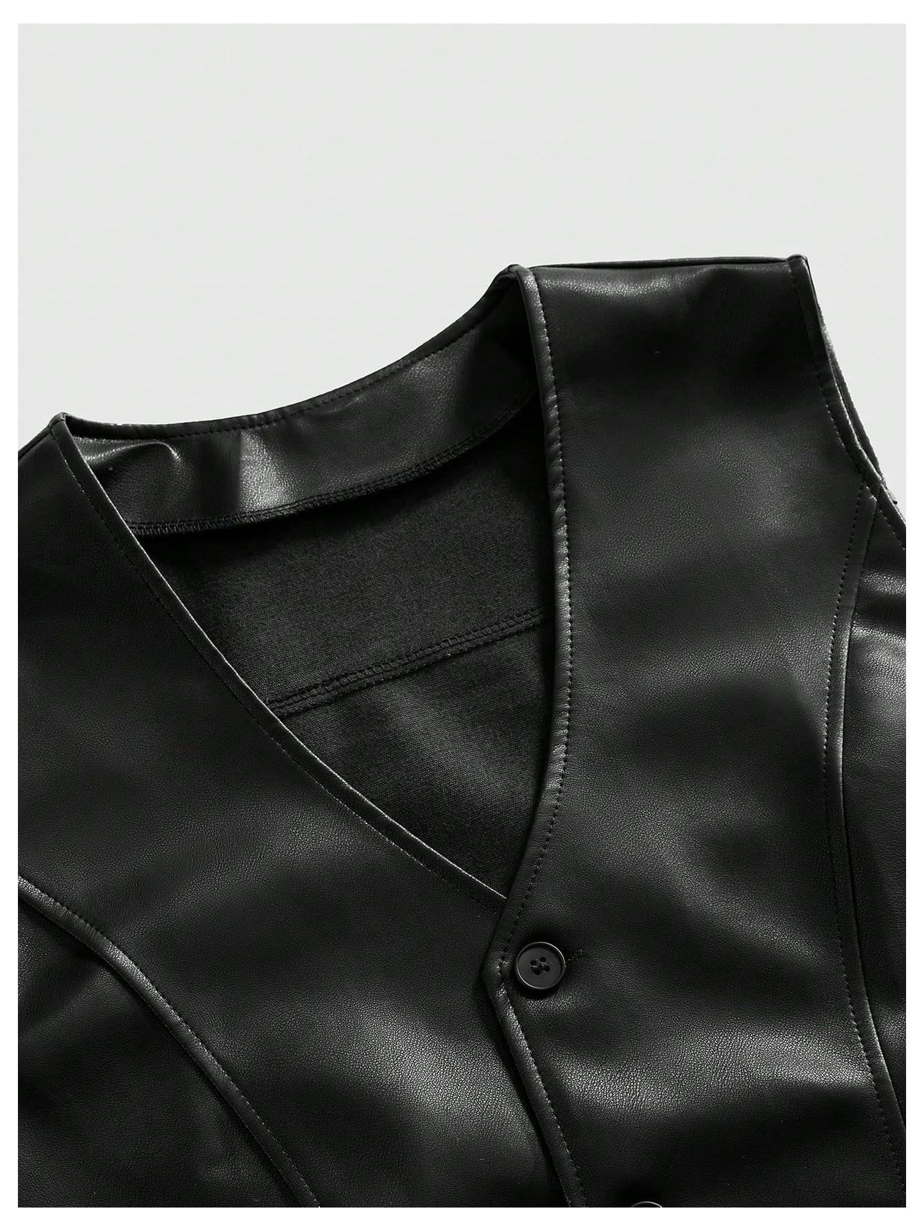GORGLITTER Men's Faux Leather Vests Classic Button Down V Neck Western Motorcycle Vest Jacket Black Medium