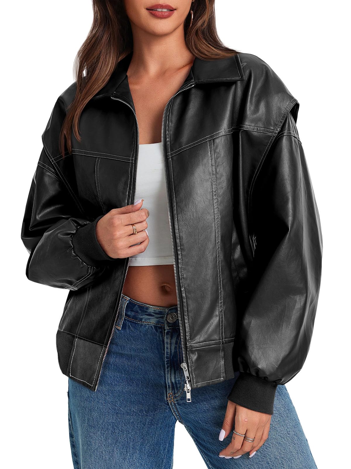 Tankaneo Womens Oversized Leather Bomber Jackets Cap Sleeve Zip Up Motorcycle Coats with Pockets