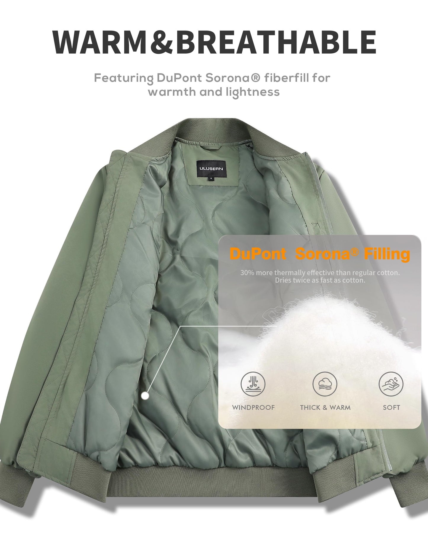 ULUSERN Men's Jackets-Bomber Jacket Fall Winter Warm Windbreaker Full Zip Casual Padded Coats