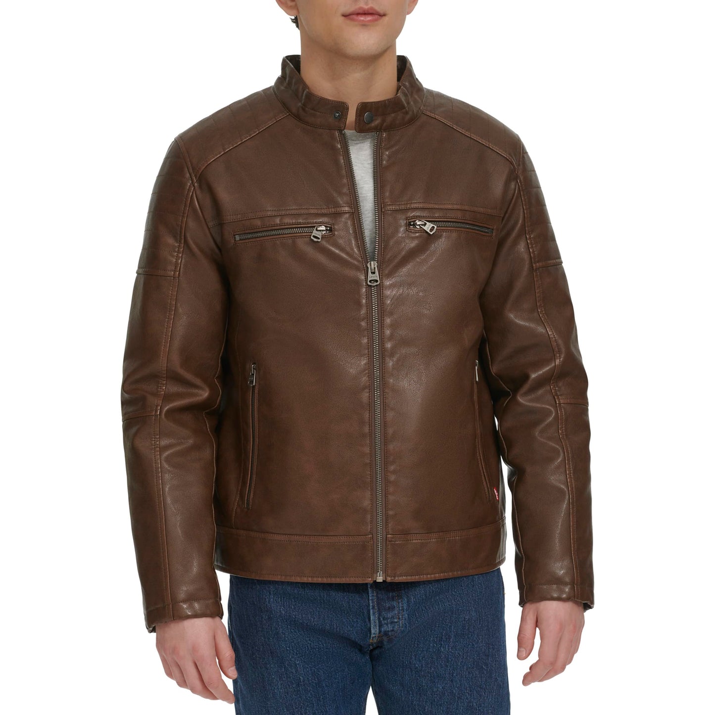 Levi's Men's Faux Leather Hooded Racer Jacket, Saddle Quilt Lined, Large